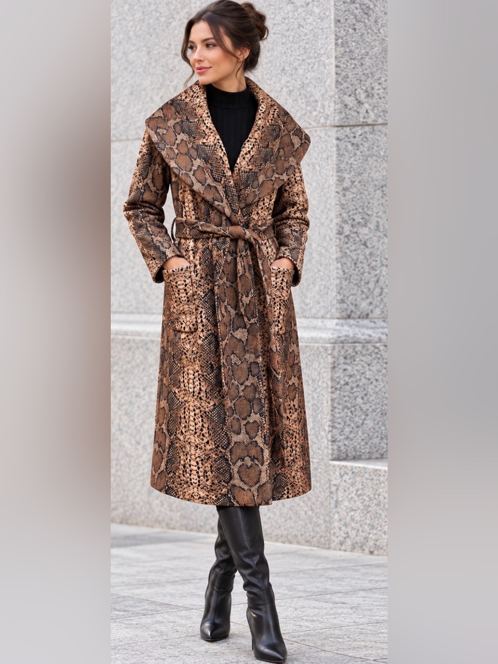 Anthropologie Hutch Snakeskin Print Longline Belted Wrap Coat Shawl Collar S